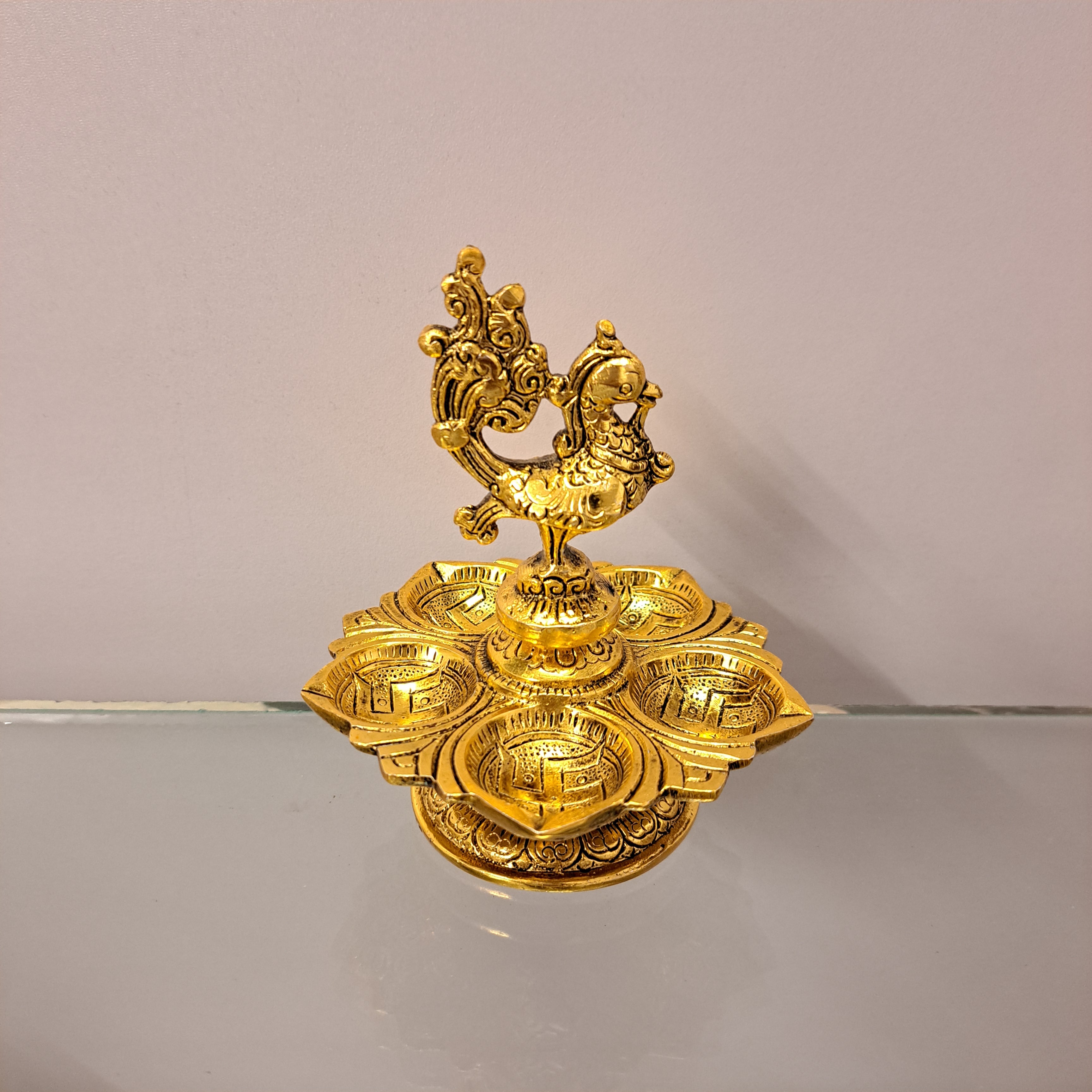 Peacock with Diya Metal Idol Golden