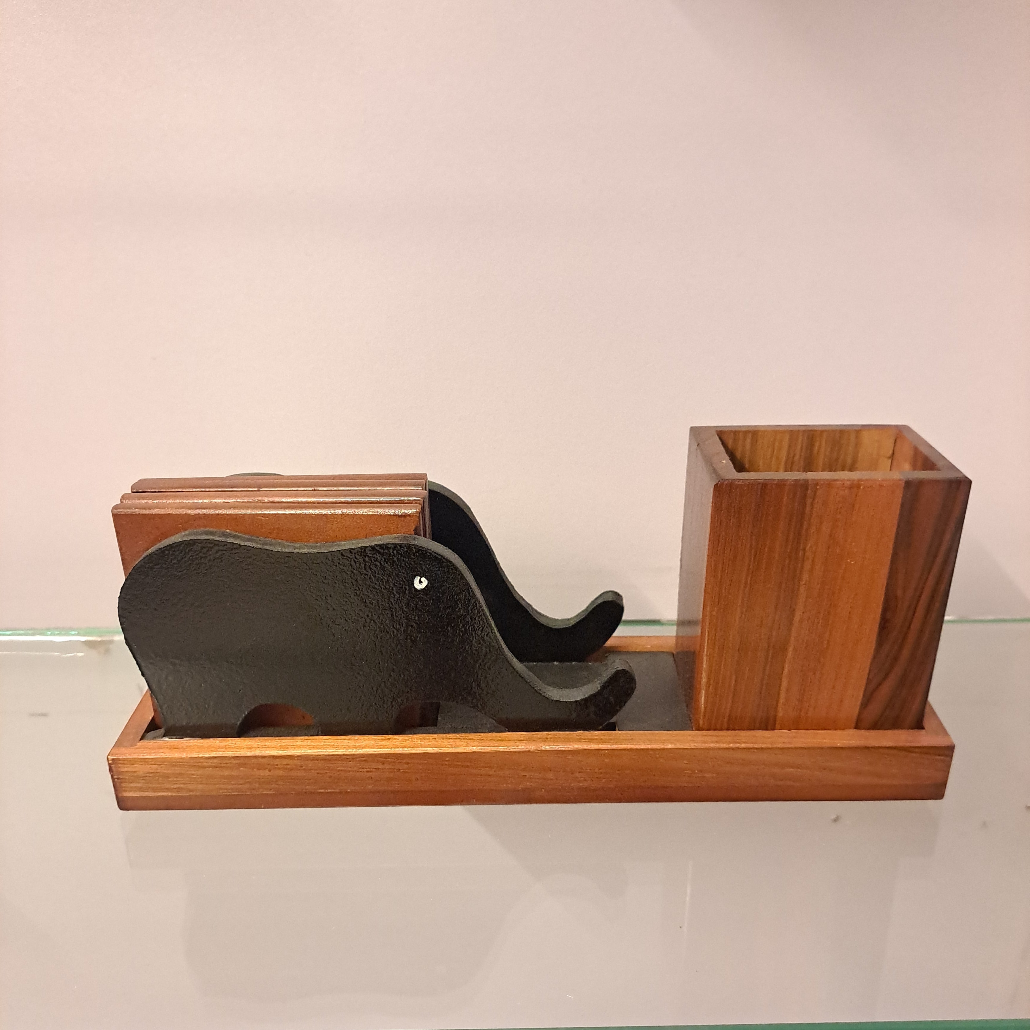 Wooden Elephant Tea Coaster and Pen Stand