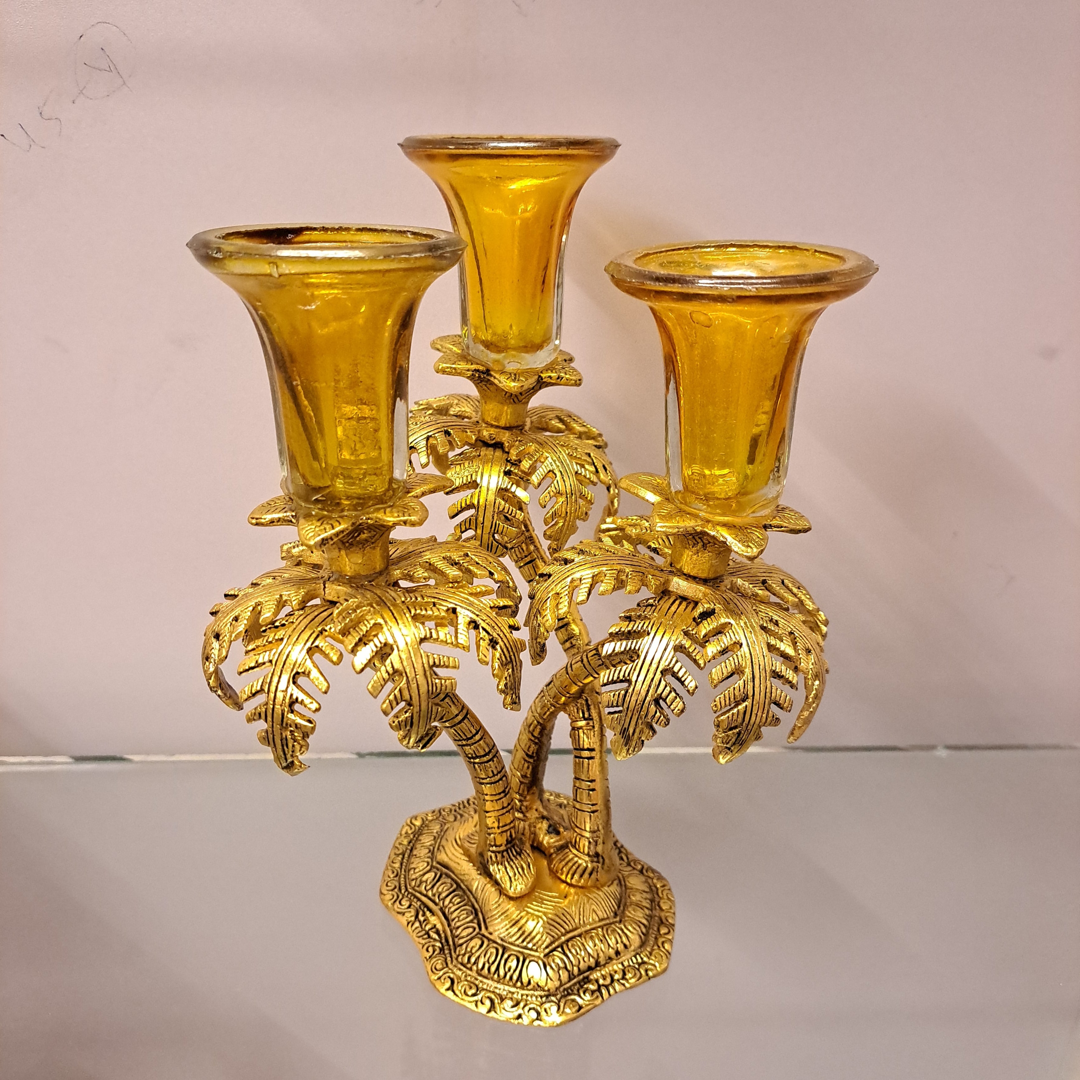 Metal Candle Stand Three Candles Orange Golden