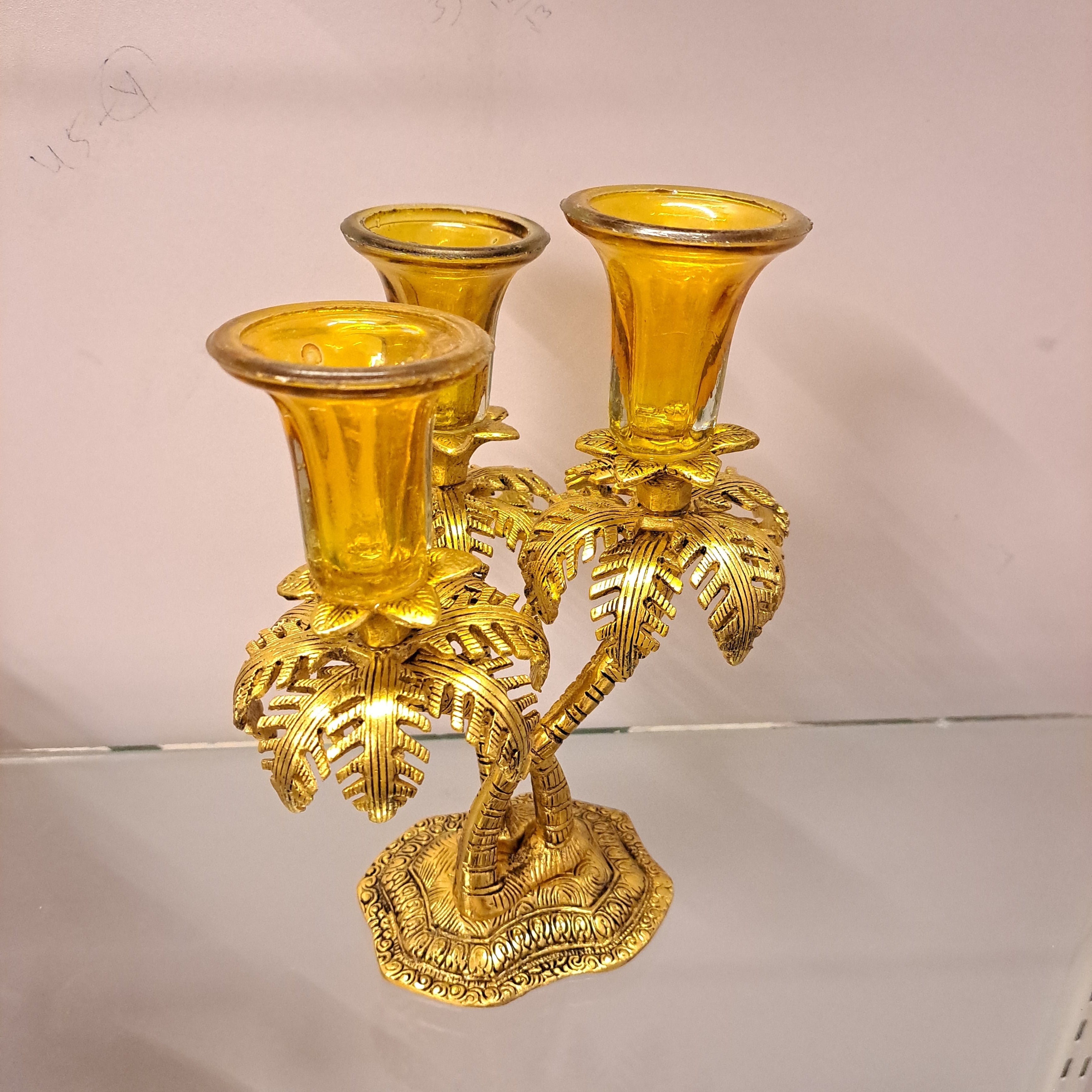 Metal Candle Stand Three Candles Orange Golden