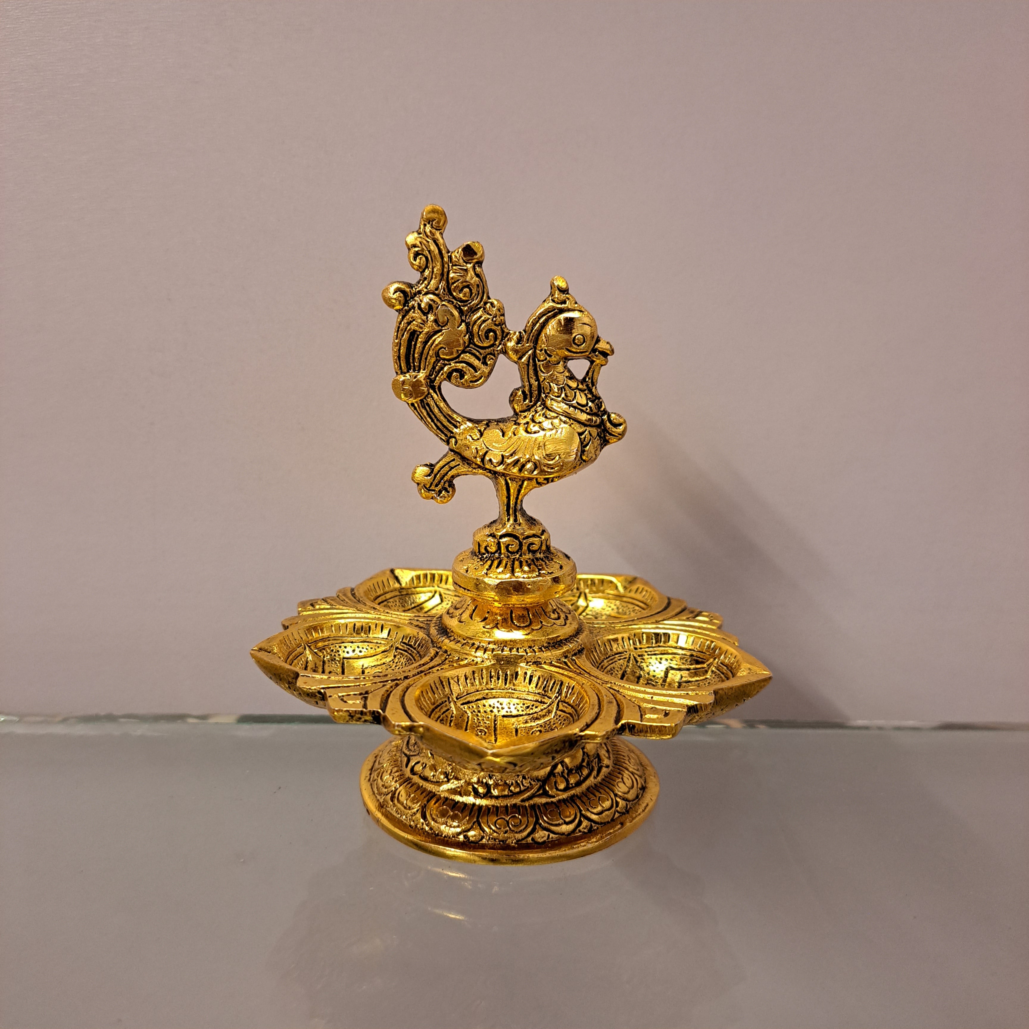 Peacock with Diya Metal Idol Golden