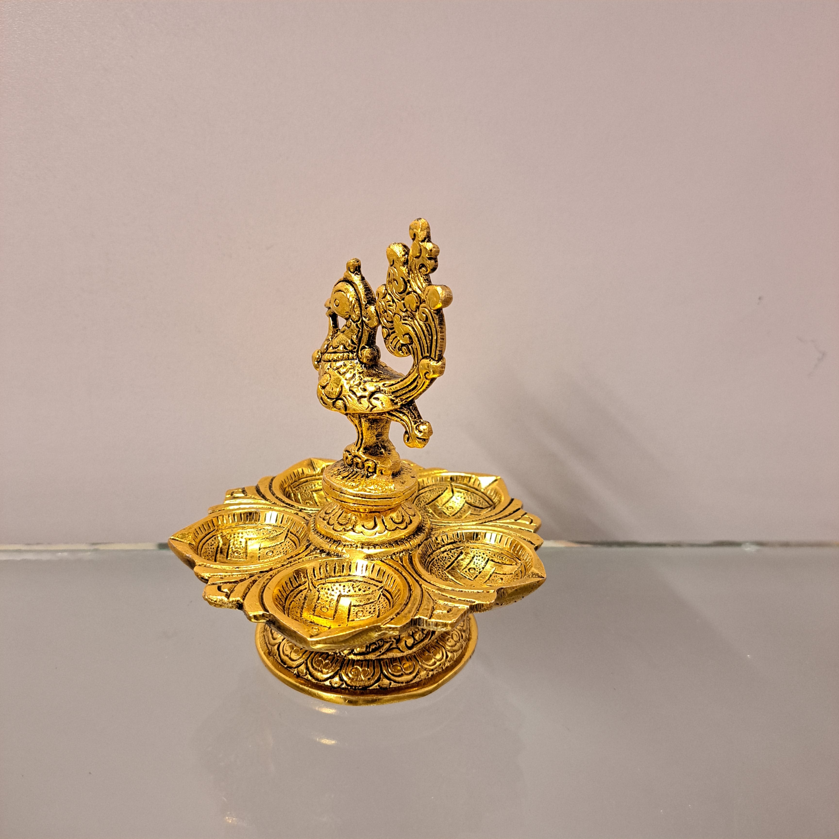 Peacock with Diya Metal Idol Golden