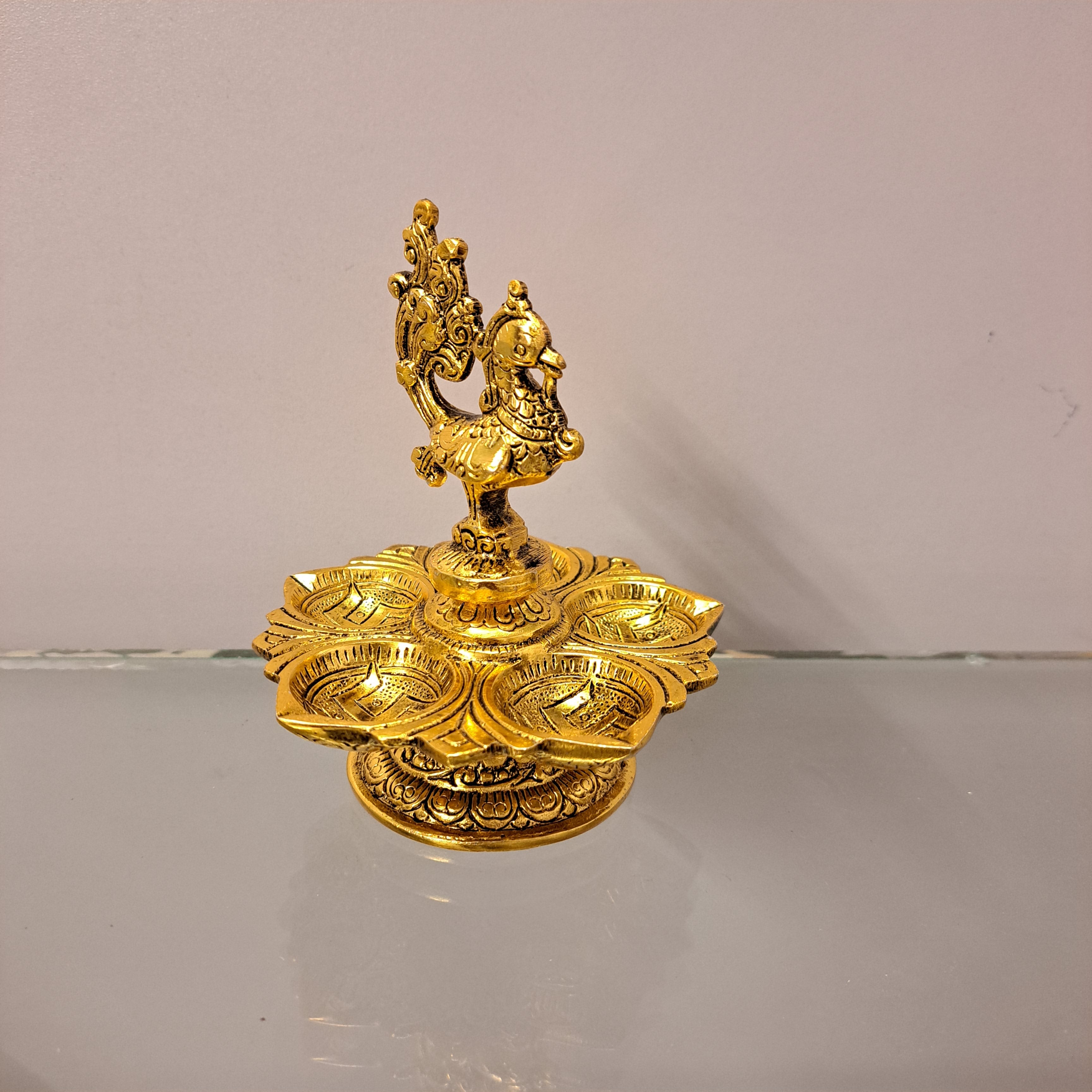 Peacock with Diya Metal Idol Golden