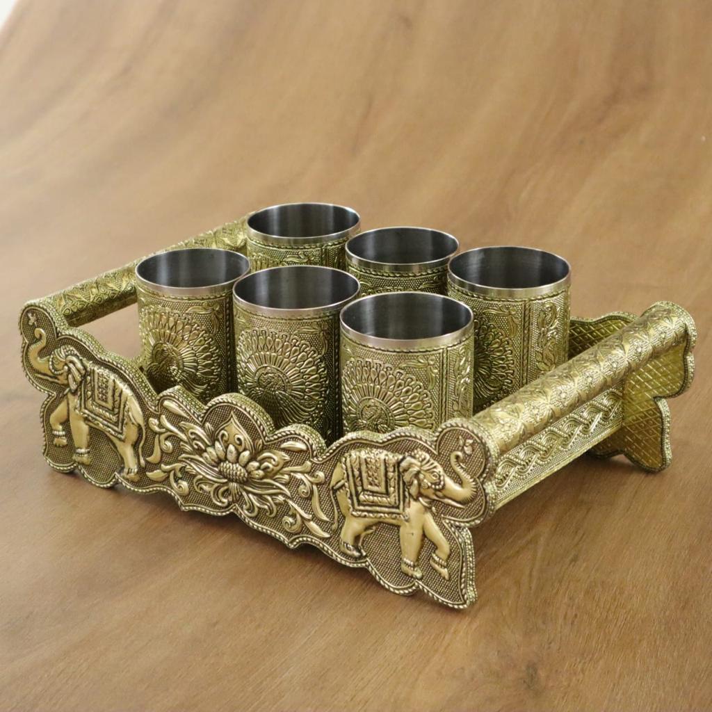 Wooden and steel glass set